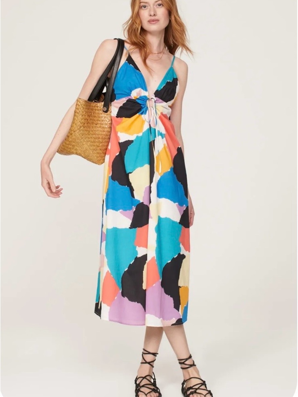 Rails Size Medium Lined Multicolor Abstract Maxi Dress with Tie-Front Adj Straps